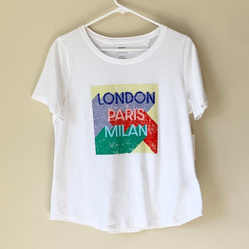 NWT! Anthropologie Maeve White Graphic Tee London-Paris-Milan, Size XS - Picture 2 of 8